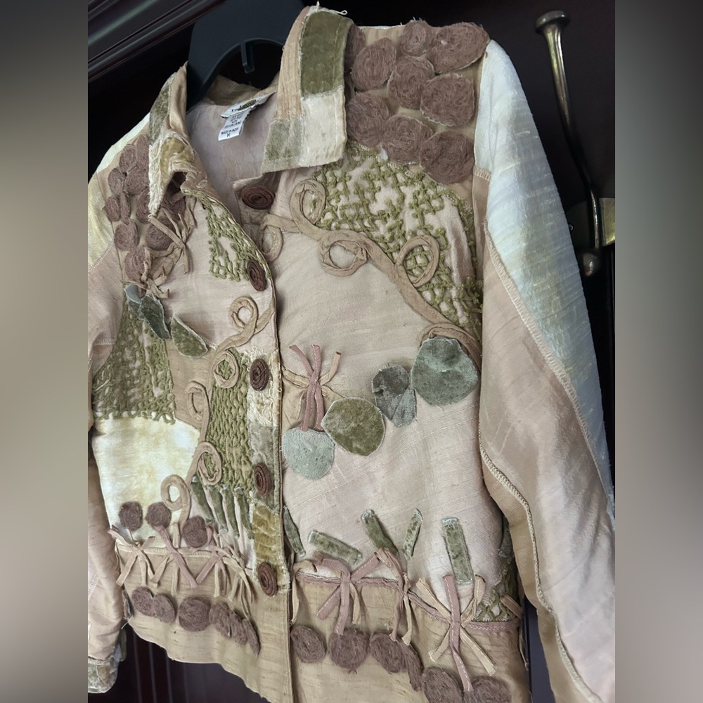 SANDY STARKMAN Silk Patchwork 3D Applique Jacket Art Wear Lagenlook Funky Size M - Picture 9 of 16